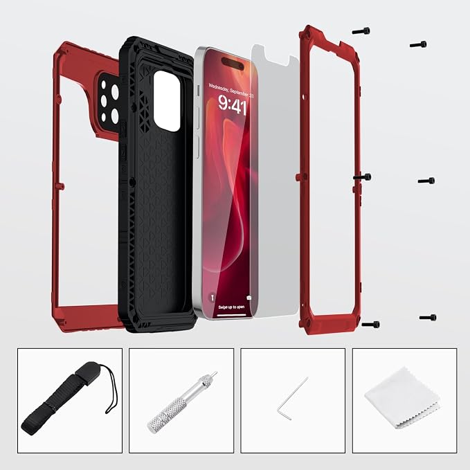 Mitywah Waterproof Case for iPhone 14 Pro, Heavy Duty Shockproof Case with Built-in Screen Protector, Full Body Underwater Protective Metal Case 6.1 inch, Red