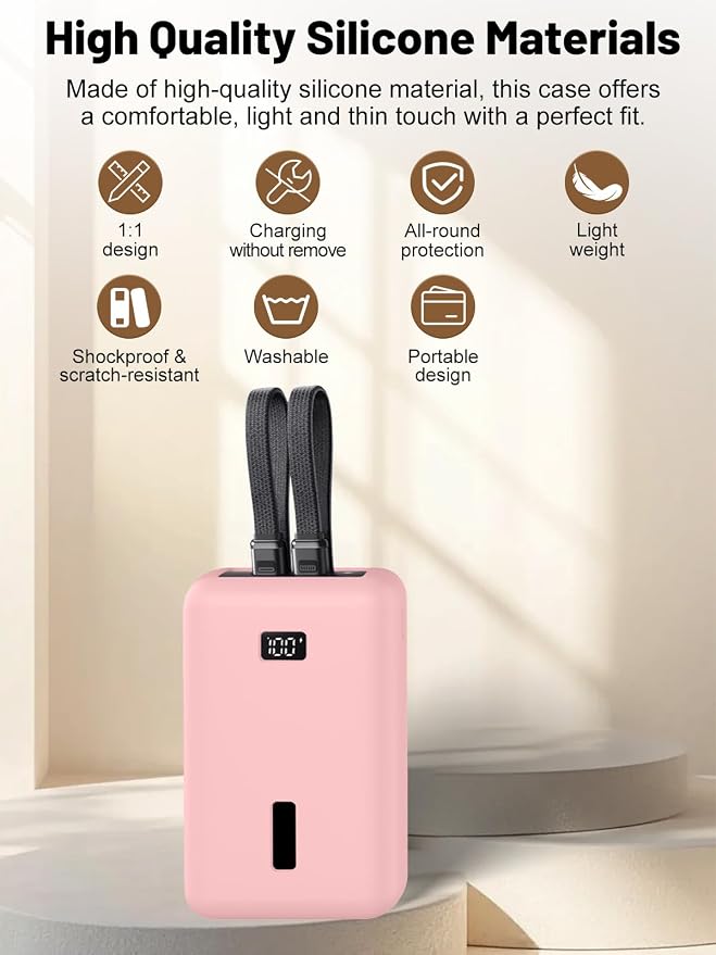 for Anker Zolo Power Bank 2025 20,000mAh 30W A1681/A1689,Silicone Protective Case, Shockproof Cover with LCD Display Visible, Anti-Lost Strap, Precision Cutouts for All-Port Charger(Pink)