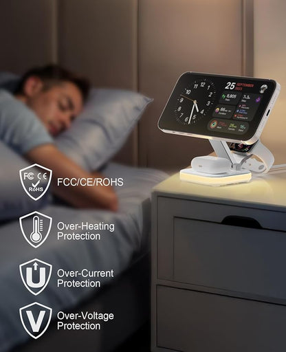 5-in-1 Magnetic Wireless Charging Stand for Apple MagSafe Charger with Night Light for iPhone 17/16/15/14/13/12, Watch, AirPods, Travel Magnetic Charger Nightstand Charging Station (Adapter Included)