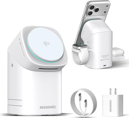 3 in 1 Wireless Charging Station for iPhone 17/16/15/14/13/12 Pro Max, Qi 2 Certified 15W Fast Magnetic Charger Stand for Magsafe Phone, AirPods, Smart Watch (White Color)