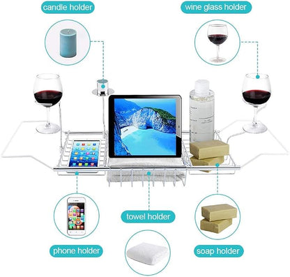Bath Tray for Tub, Adjustable Bathtub Caddy Tray with Extending Side, Metal Bathtub Shelf Expandable Storage Rack Organizer with Wine Glass and Phone Holder for Home Bathroom Luxury Bathing, Silver