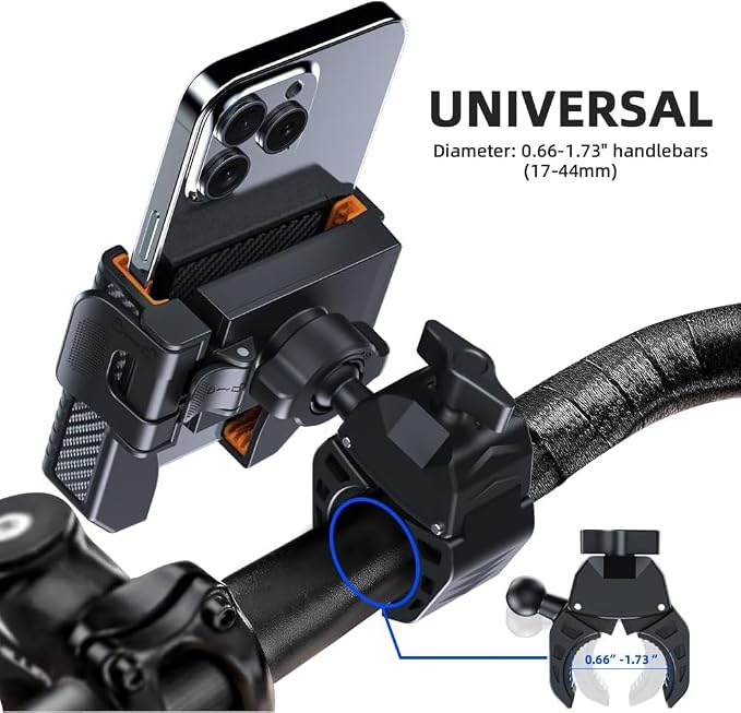 Bike Phone Mount, Bike Bicycle Mount Handlebar Cell Phone Clamp Ebike Scooter Holder Clip for iPhone 16 Pro Max/Plus, 15 Pro Max, S10, S20, More 4.7" to 6.8" Smartphones