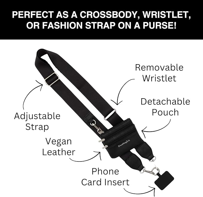 Save the Girls Clip and Go Phone Strap Solid (Black - Black Pouch) - Crossbody Phone Strap Chain with Zipper Wallet Pouch – Phone Lanyard