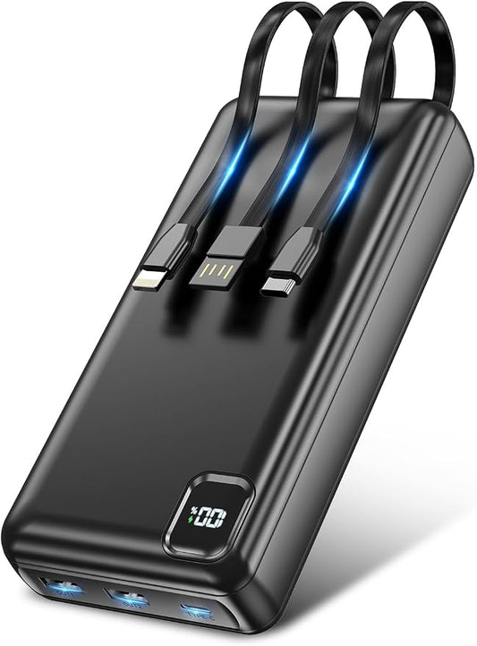 50000mAh Portable Charger, PD 22.5W Fast Charging Power Bank with Built in Cables, USB-C External Battery Pack for iPhone 17 16 15 14 Samsung Pixel Android iPad