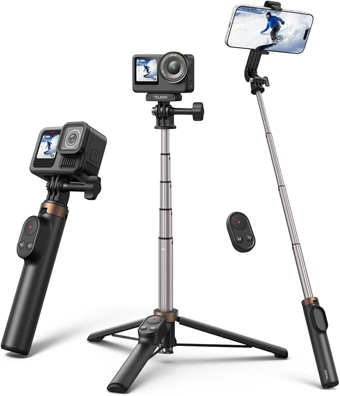 TELESIN Mini Selfie Stick & Phone Tripod for DJI Osmo 360 Action 6/5/4, GoPro Hero 13/12/11, Vlog Selfie Stand with 80m Remote and Phone Clip for iPhone & Android, Portable Vlogging Tripods for Travel
