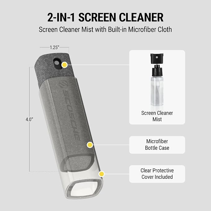 Scosche SCOCLNR 2-in-1 Streak-Free Screen Cleaning Kit, Refillable Electronic Screen Cleaner Spray and Wipe for TV, Computer, Phone, iPhone, iPad, Laptop, MacBook, Car Touchscreen, 5 Pack