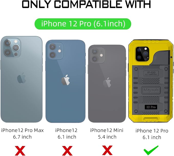Mitywah Waterproof Case for iPhone 12 Pro, Heavy Duty Shockproof Case with Built-in Screen Protector, Full Body Underwater Protective Metal Case 6.1 inch, Yellow