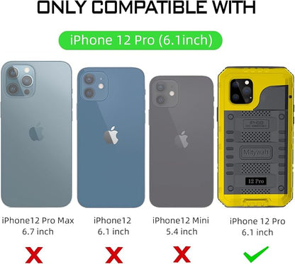 Mitywah Waterproof Case for iPhone 12 Pro, Heavy Duty Shockproof Case with Built-in Screen Protector, Full Body Underwater Protective Metal Case 6.1 inch, Yellow