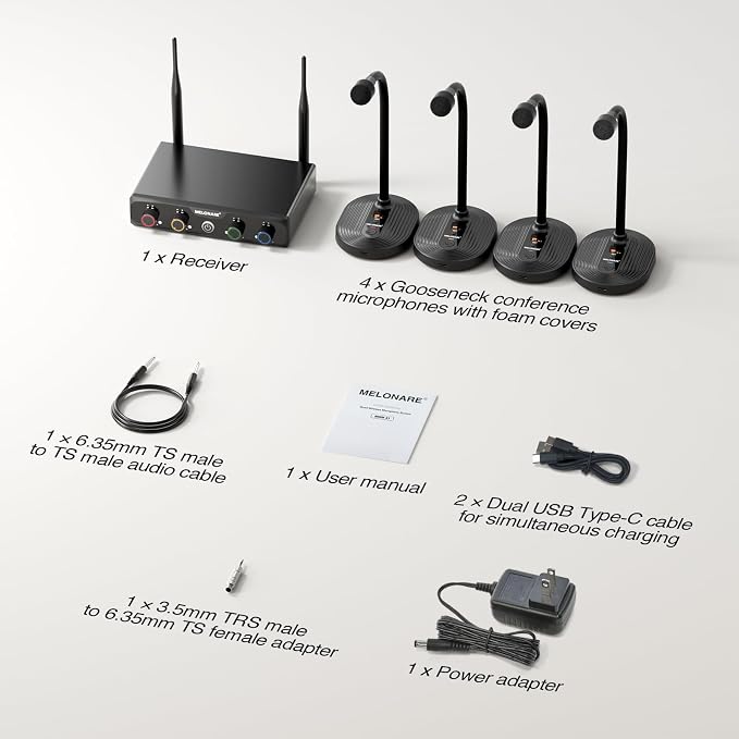 4-Channel Wireless Conference Microphone System, UHF Compact Cordless Mic Set w/ 4x10 Frequencies, 200ft Range, 4 Gooseneck Mics for Lecture, Church, Conference, Public Speaking (MWM-41-4G)