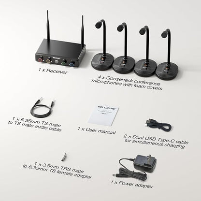 4-Channel Wireless Conference Microphone System, UHF Compact Cordless Mic Set w/ 4x10 Frequencies, 200ft Range, 4 Gooseneck Mics for Lecture, Church, Conference, Public Speaking (MWM-41-4G)