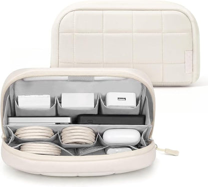 TOPEAST Quilted Cable Organizer Bag, Soft Tech Pouch & Travel Electronics Case with Elastic Pen Loop, Tangle-Free Cord Organizer for Women, Office Desk, AirPods, Chargers & Accessories, Beige