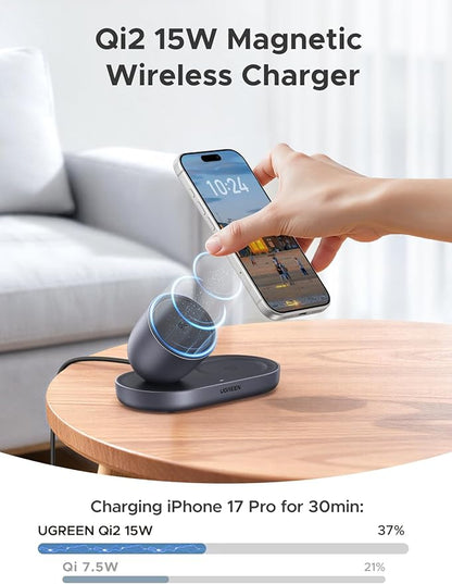 UGREEN Qi2 15W Wireless Charger 2-in-1, MagSafe Compatible Fast Charging Stand for iPhone 17 16 15 14 13 12 Series and AirPods, Fixed Viewing Angle, Compact Desktop Charging Station