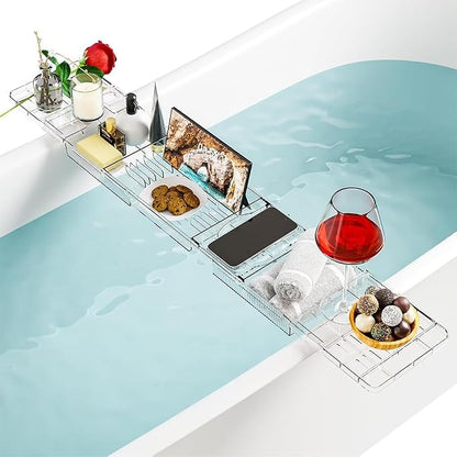 Expandable Bathtub Tray - Lightweight Adjustable Bath Caddy, Spa Organizer with Holder for Phone, Book & Wine Glass (Extra Long)