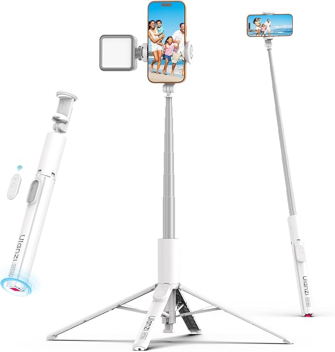 ULANZI MT86 60" Automatic Phone Tripod Stand with Wireless Remote, Adjustable Auto‑Open Selfie Stick for iPhone Android, Portable Extendable Travel Tripod for Selfie/Vlogging, White