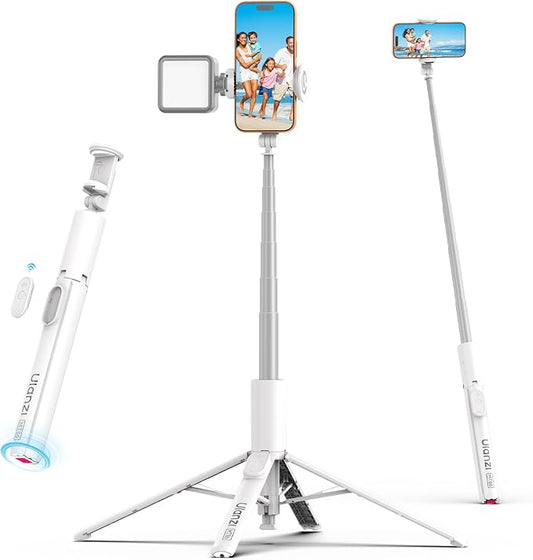 ULANZI MT86 60" Automatic Phone Tripod Stand with Wireless Remote, Adjustable Auto‑Open Selfie Stick for iPhone Android, Portable Extendable Travel Tripod for Selfie/Vlogging, White