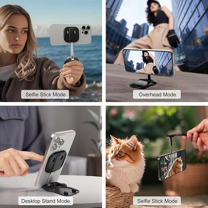 Magnetic Phone Tripod Stand, Portable Mini Selfie Stick for iPhone 17/16/15/14/13/12 & MagSafe, Aluminum Angle-adjustable Foldable Strong Magnet Phone Holder, Travel Essentials, Included Metal Ring