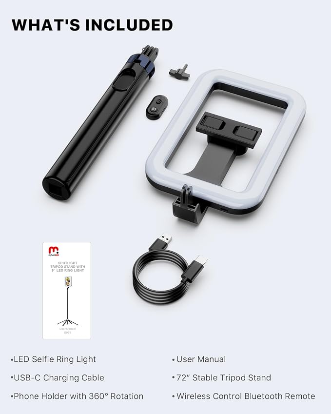 M MYBAT PRO Selfie Ring Light with 72" Tripod Stand - Extendable Selfie Stick with Light for Phone, Live Streaming, Makeup, Travel, Gaming, Video, Includes Phone Holder& USB-C Powered