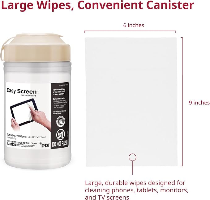 Easy Screen Cleaning Wipes, Electronic Screen Cleaning, Laptops, Monitors, Phone, Tablet, TV Screen Cleaning Wipe, 70 Wipes per Canister, Large 9"x 6" Durable Wipe