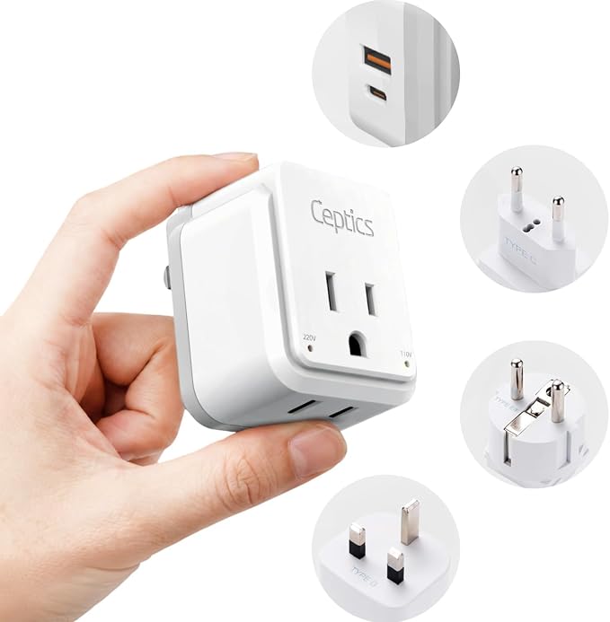 Ceptics 20W European Travel Plug Adapter, 2 USA Outlets, USB-C & USB-A | European Plug Adapter, Type C, E/F, G SWadAPt Attachments, PD & QC USB ports, European Adapter for Germany, France, Italy, UK