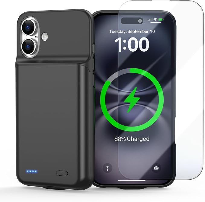 Battery Case for iPhone 16, Ultra-Slim 7000mAh Portable Extended Charging Charger Case [2026 Upgraded] w/Tempered Glass Film for iPhone 16 (6.1inch), Black