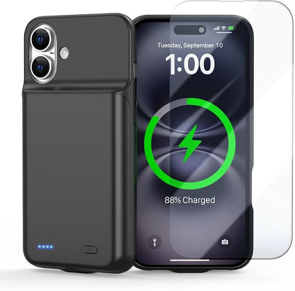 Battery Case for iPhone 16, Ultra-Slim 7000mAh Portable Extended Charging Charger Case [2026 Upgraded] w/Tempered Glass Film for iPhone 16 (6.1inch), Black