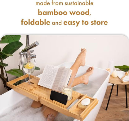 TranquilBeauty Premium Bath Caddy | Bath Board with iPad, Tablet, and Phone Stand | Extendable Wooden Tray Bath Rack