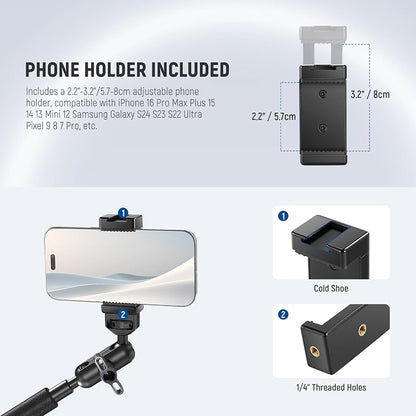 NEEWER Magic Arm Camera Mount, Overhead Desk Phone Mic Stand Holder, 22" Articulating Boom Arm C Clamp 1/4" 3/8" Threads for ARRI for Microphone Webcam Action Camera Video Light, Cleaning Cloth, UA057