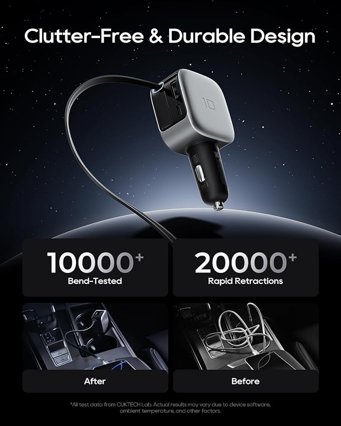 CUKTECH 85W Car Charger with Built-in Retractable Cable(2.3ft), 3-Port(2C1A) GaN Car Adapter, Smart LED Display, Power and Voltage Monitor, for MacBook, iPhone 17/16/15, Galaxy S26/25/S24, Pixel 10/9