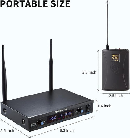 Dual Channel UHF Wireless Microphone System, 2x30 Adjustable Frequencies, Lavalier & Headset Microphone System for Meeting, Church, 300ft Range (2 Bodypack)