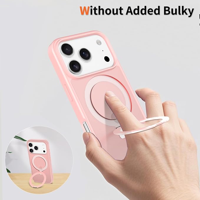 Ultra-Magnetic Stand for iPhone 17 Pro Max Case [Military Drop Protection] [Compatible with MagSafe] Shockproof Translucent Matte Slim Ring Holder Case for iPhone 17 Pro Max (Pink)