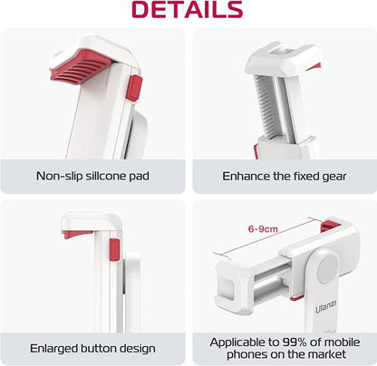 ULANZI Phone Tripod Mount ST-06S White, Universal Smartphone Mount Adapter with 2 Cold Shoe, 360° Rotates and Adjustable Cell Phone Clip Clamp Holder, Compatible with iPhone, Samsung Galaxy and More