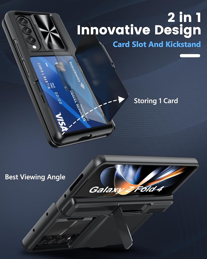 Viaotaily for Galaxy Z Fold 4 Case with Card Holder & Kickstand & Screen Protector, [2023 Upgrade] Slide Camera Lens Cover & Hinge Protection Wallet Phone Case for Galaxy Z Fold 4 2022, Black