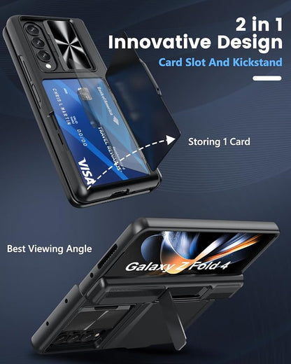 Viaotaily for Galaxy Z Fold 4 Case with Card Holder & Kickstand & Screen Protector, [2023 Upgrade] Slide Camera Lens Cover & Hinge Protection Wallet Phone Case for Galaxy Z Fold 4 2022, Black