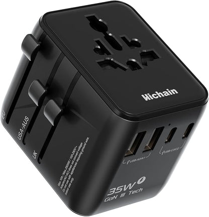 Hichain 7-in-1 Worldwide Plug Universal Travel Adapter | 35W Power International Charger Adapter for Business Travelers Vacationers, Fast Charging for iPhone 17/16, Tablets, GoPro