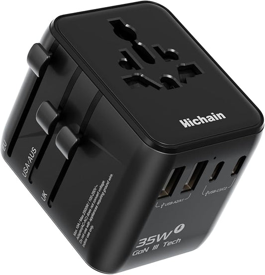 Hichain 7-in-1 Worldwide Plug Universal Travel Adapter | 35W Power International Charger Adapter for Business Travelers Vacationers, Fast Charging for iPhone 17/16, Tablets, GoPro
