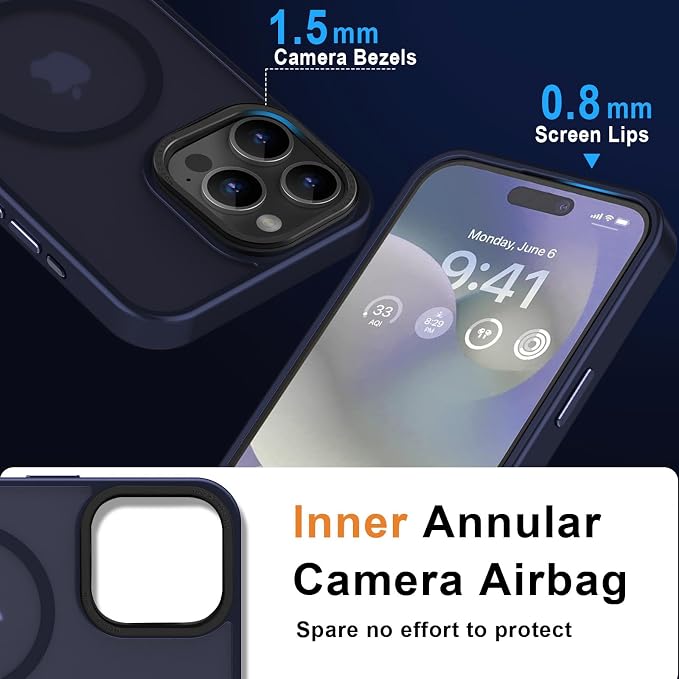MOCCA Strong Magnetic for iPhone 15 Pro Max Case, [Compatible with Magsafe][13FT Military Drop Protection] Slim Translucent Matte Shockproof Case for iPhone 15 ProMax Case 6.7'', Deep Blue