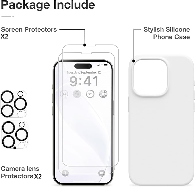 GONEZ for iPhone 15 Pro Max Case Silicone, Compatible with Magsafe, Camera Protector + Screen Protector, Soft Anti-Scratch Microfiber Lining, Liquid Silicone Shockproof Phone Cover, White