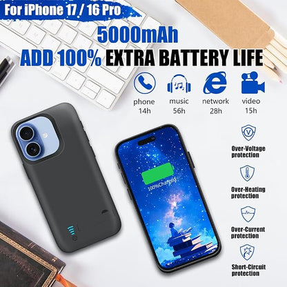 Battery Case for iPhone 17 / iPhone 16 Pro, 5000mAh Rechargeable Extended Battery Charging/Charger Case, Add 100% Extra Juice (6.3 Inches) Black