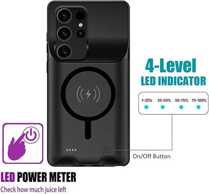 Wireless Charging Case for Galaxy S24 Ultra, Upgraded 12000mAh Rechargeable Portable Charging Case Compatible with Galaxy S24 Ultra (6.8 inch) with Carplay Extended Battery Pack Charger Case (Black)