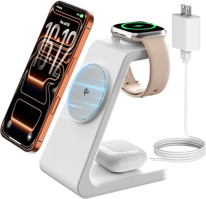 Magsafe Wireless Charging Station for iPhone: Qi2 Certified 15W Fast Charging Station, 3 in 1 Magnetic Charger Stand for iPhone 17/16/15/14/13/12 Series, Apple Watch, AirPods 4/3/Pro