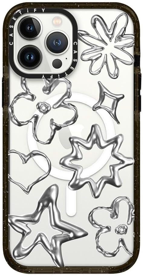 CASETiFY Impact iPhone 13 Pro Max Case [4X Military Grade Drop Tested / 8.2ft Drop Protection/Compatible with Magsafe] - Chrome Doodles - Clear Black