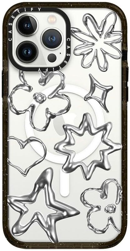 CASETiFY Impact iPhone 13 Pro Max Case [4X Military Grade Drop Tested / 8.2ft Drop Protection/Compatible with Magsafe] - Chrome Doodles - Clear Black