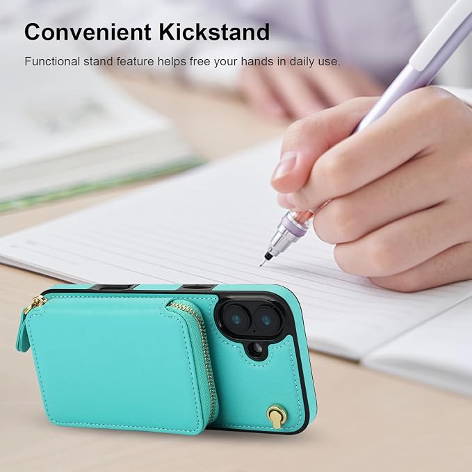 Bocasal Crossbody Wallet Case for iPhone 16 Plus, RFID Blocking Leather Purse Case with Card Holder, Protective Handbag Flip Cover with Zipper Wrist Strap Lanyard for Women 5G 6.7 Inch (Mint Green)