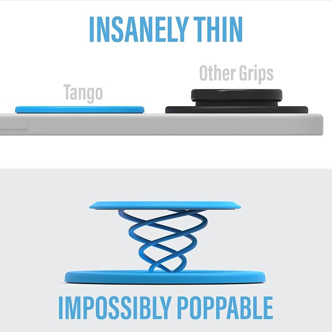 Tango Ultra Thin Grip for MagSafe: One Hand Open, Stand, 10x Expandable, Space Grade Steel, Removable for Wireless Charging. Half The Thickness, Twice The Fidget - Bright Blue