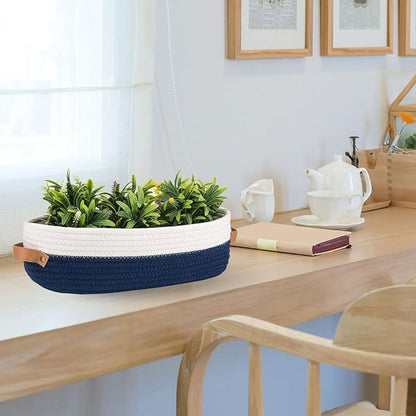 Toilet Basket,Woven Storage Basket for Toilet Tank Top Farmhouse Home Decor Organizing Baskets 13"x5.9"x4" Navy Stitching White