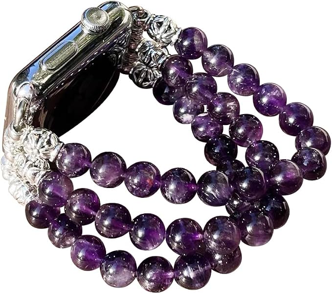 Amethyst Bracelet Compatible for Apple Watch Band 40mm/38mm/41mm Series 9 8 7 SE Series 6/5/4 Women Fashion Natural Gemstone Handmade Stretchy Watch Strap (42mm/44mm/45mm)