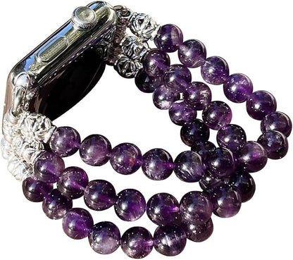 Amethyst Bracelet Compatible for Apple Watch Band 40mm/38mm/41mm Series 9 8 7 SE Series 6/5/4 Women Fashion Natural Gemstone Handmade Stretchy Watch Strap (42mm/44mm/45mm)