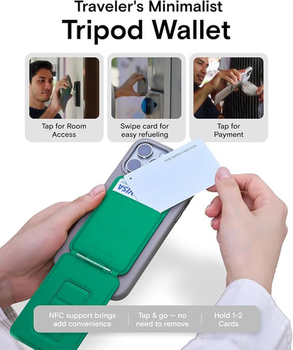 MOFT Phone Tripod Wallet for iPhone, Mulit-Angles, Lightweight & Portable Phone Stand, MOVAS Vegan Leather Magnetic Wallet, Strong Magnets, NFC Card Holder,Travel Essential, Oz Green (with Card Slot)