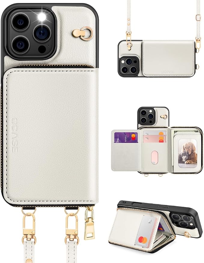 OCASE Compatible with iPhone 16 Pro Max Crossbody Wallet Case with Card Holder, PU Leather Zipper Handbag Phone Purse with RFID Blocking Kickstand Wrist Strap Lanyard 6.9 Inch, Cream