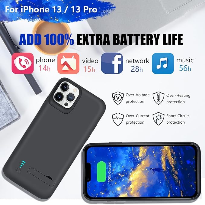 [New Version Battery Case for iPhone 13/13 Pro, 5000mAh Rechargeable Extended Battery Charging Charger Case, Add 100% Extra Juice (6.1 Inches) Black
